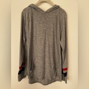 Champion Gray Long Sleeve Hooded T-Shirt with Red and Navy Accents
